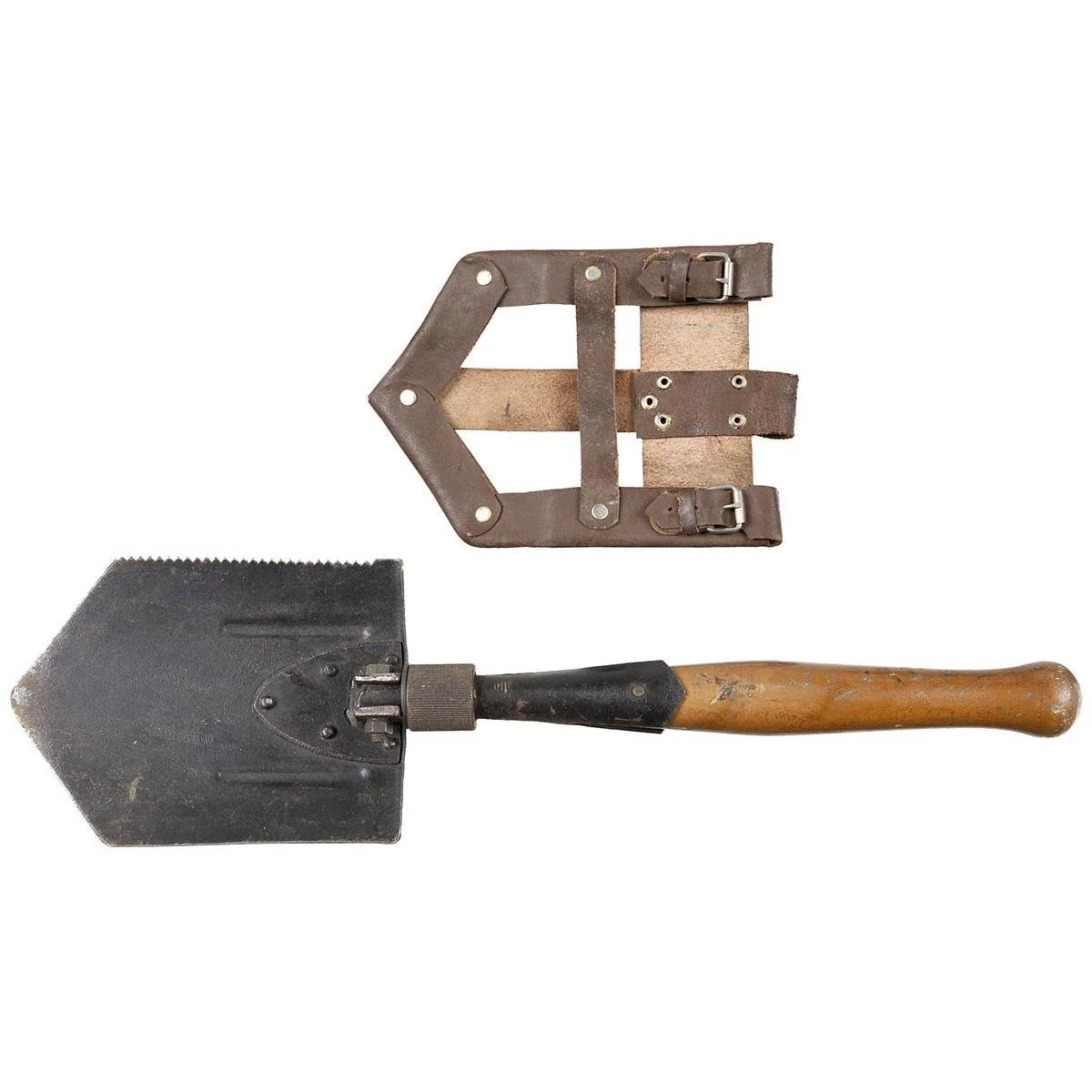 Original rumänska armén vikbar serrerad spade trähandtag läderhöljet