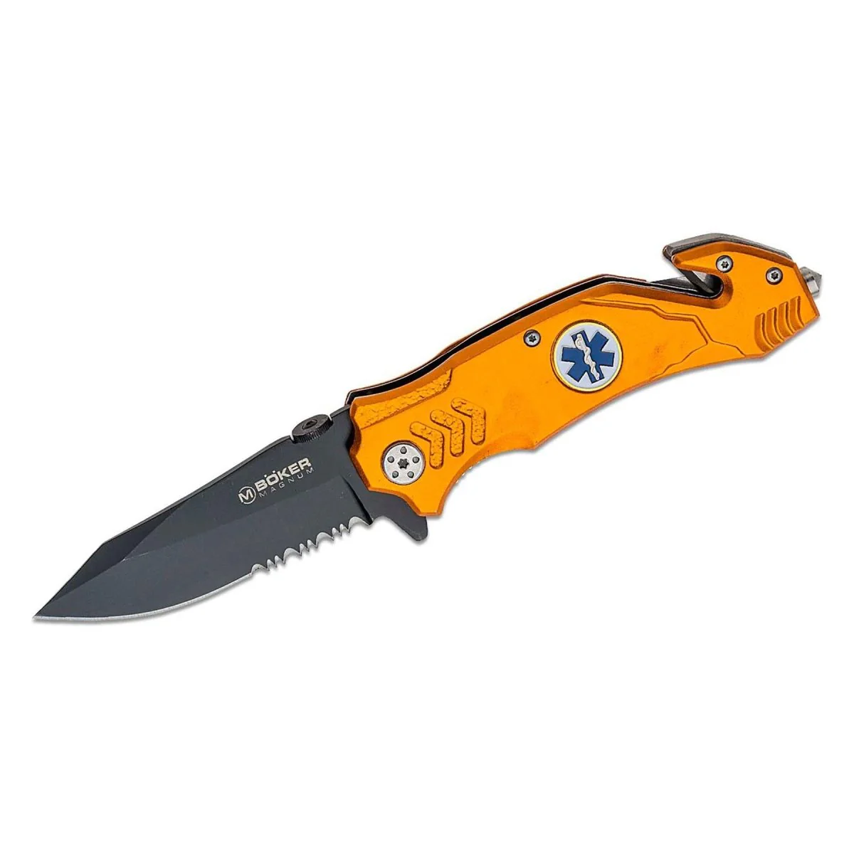 Boker Brand fällbar fickkniv EMS Rescue rostfritt stål 440A glaskross